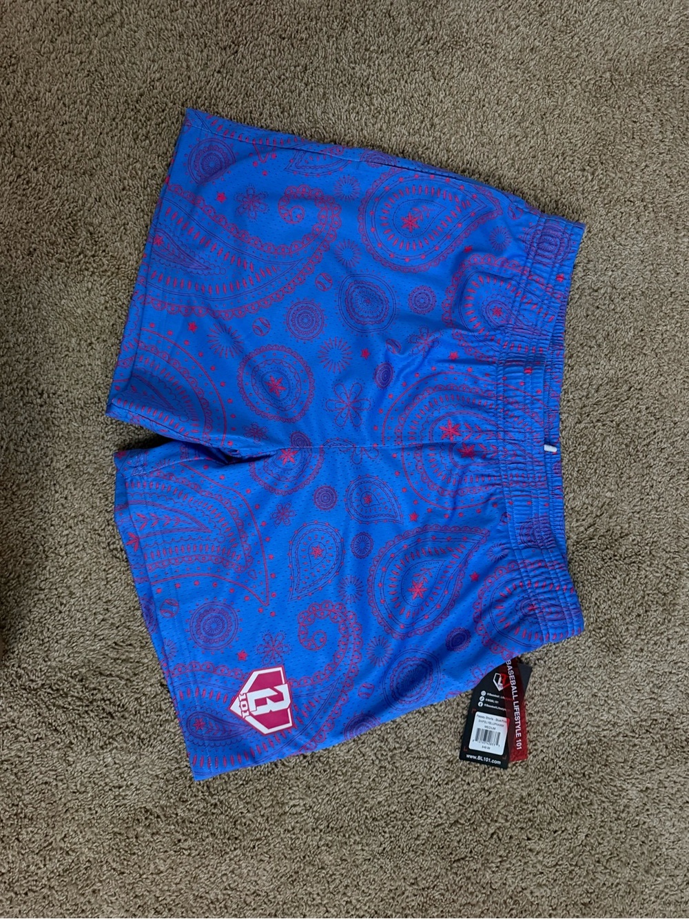 Men's Athletic Blue Shorts with Red Paisley Accent